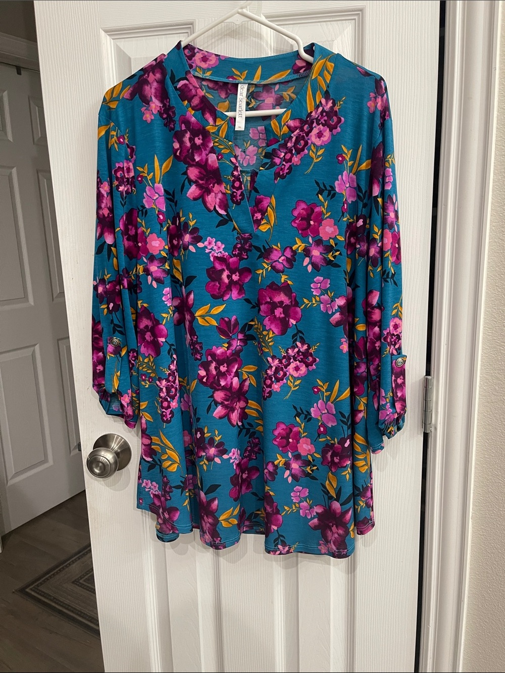 Scarlett Teal Floral Split-Neck Tunic with Magenta Blooms and Mustard Leaves